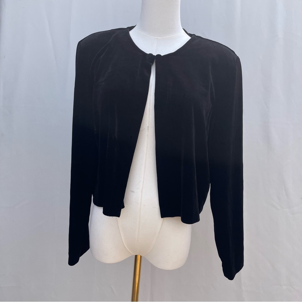 Vintage Y2K Black Velvet Cropped Jacket Petite Open Front 14P